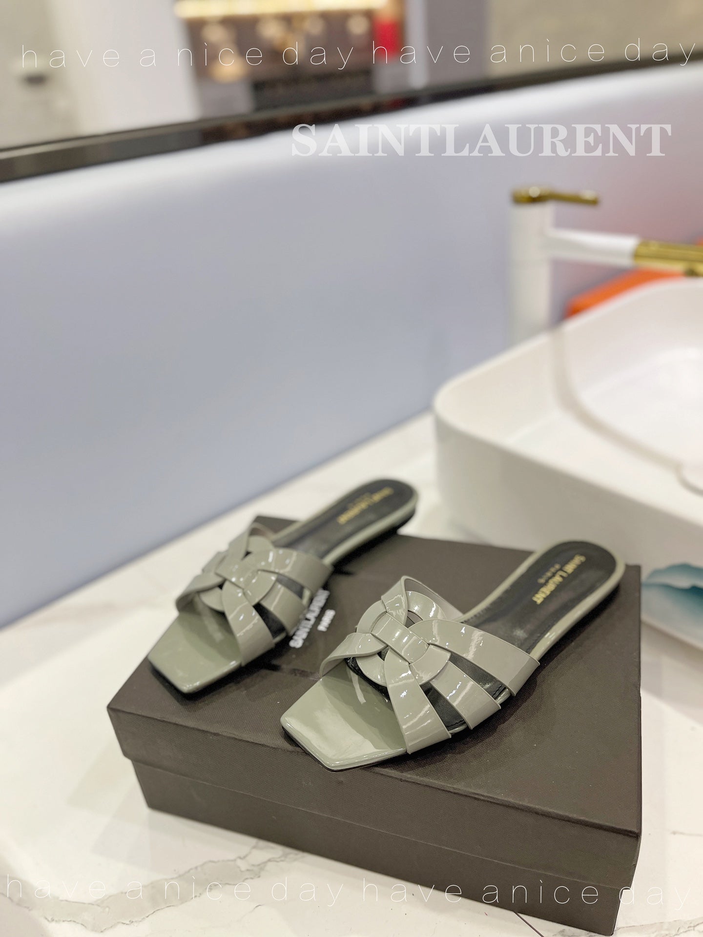 SL TRIBUTE SLIPPERS GLOSSY SAGE CALFSKIN - 34