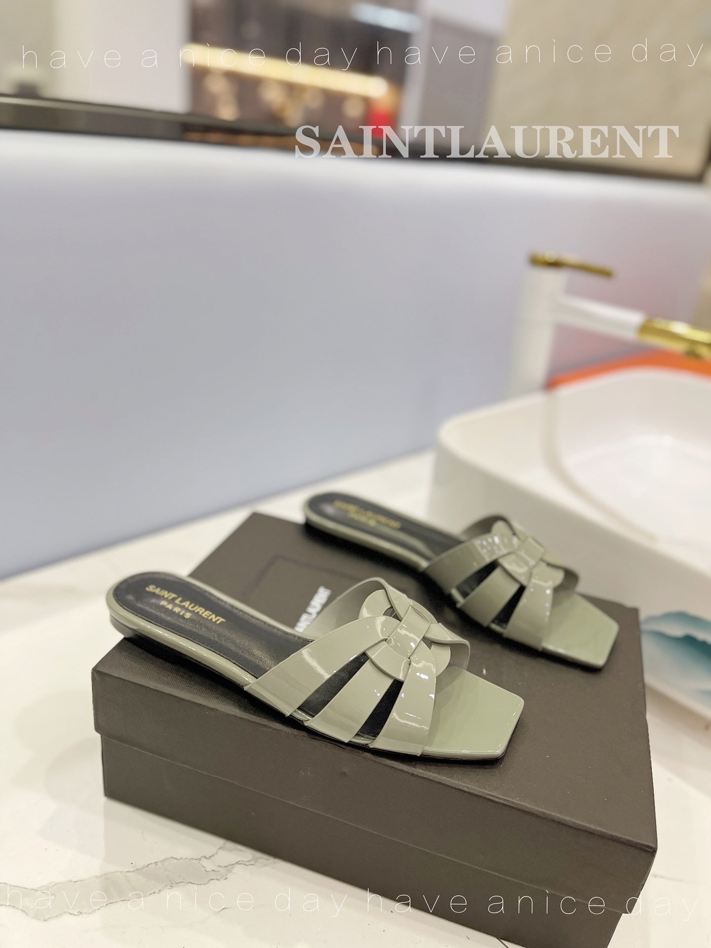 SL TRIBUTE SLIPPERS GLOSSY SAGE CALFSKIN - 34