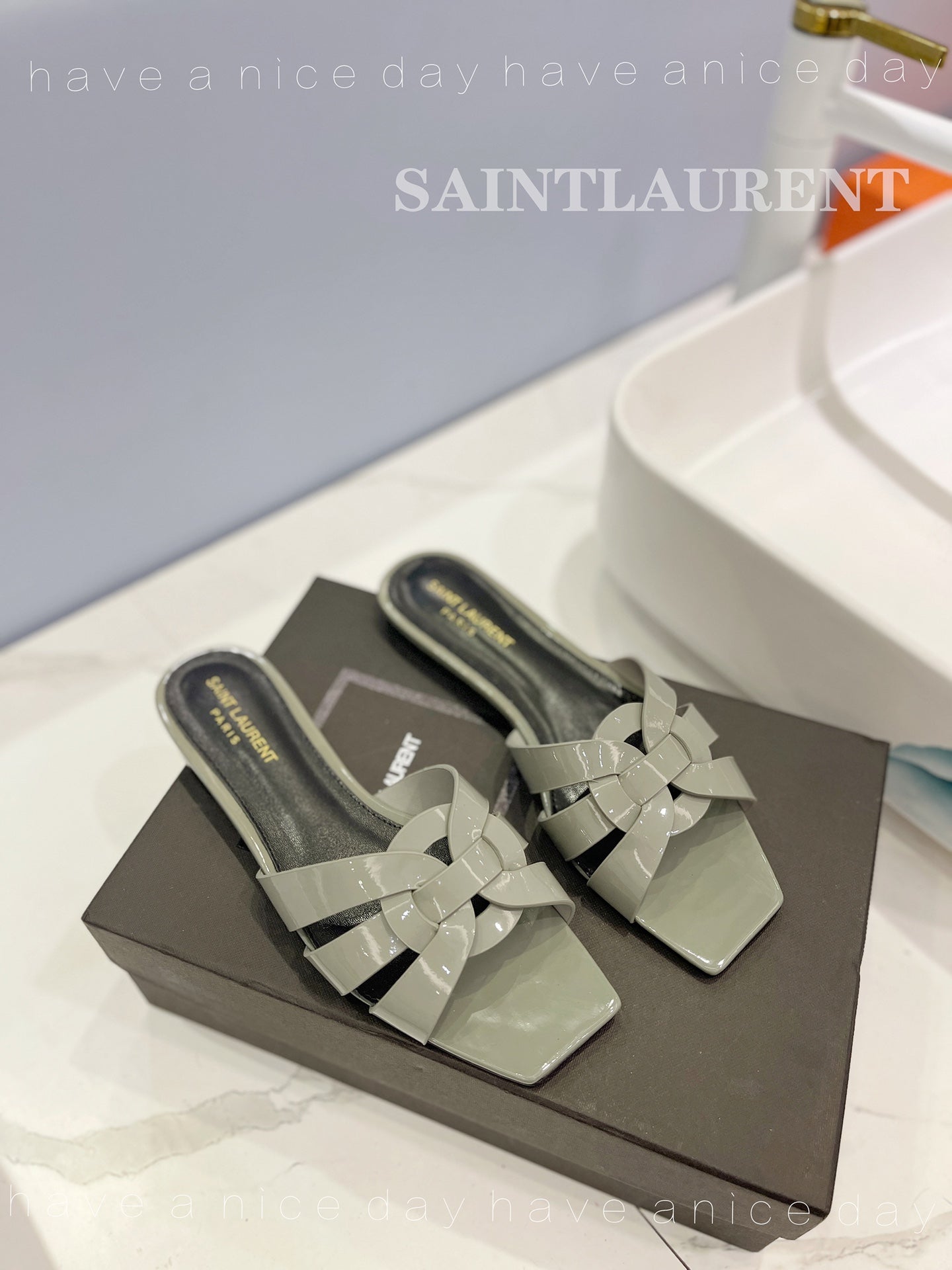 SL TRIBUTE SLIPPERS GLOSSY SAGE CALFSKIN - 34