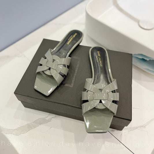 SL TRIBUTE SLIPPERS GLOSSY SAGE CALFSKIN - 34