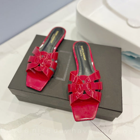 SL TRIBUTE SLIPPERS GLOSSY RED CALFSKIN - 34