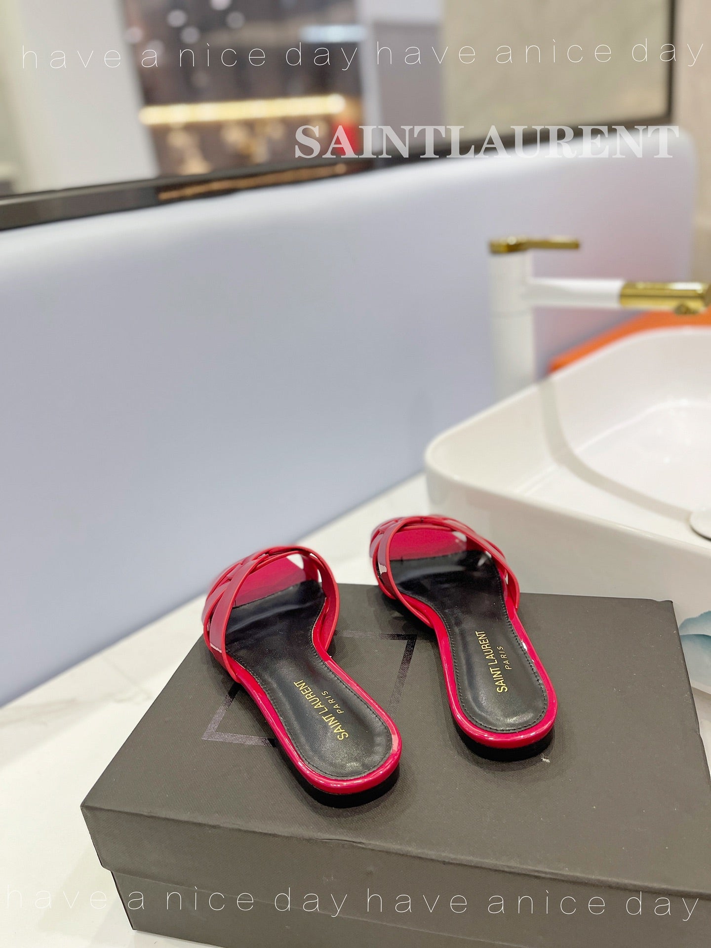 SL TRIBUTE SLIPPERS GLOSSY RED CALFSKIN - 34