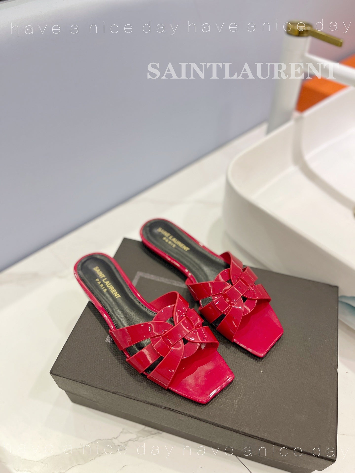 SL TRIBUTE SLIPPERS GLOSSY RED CALFSKIN - 34