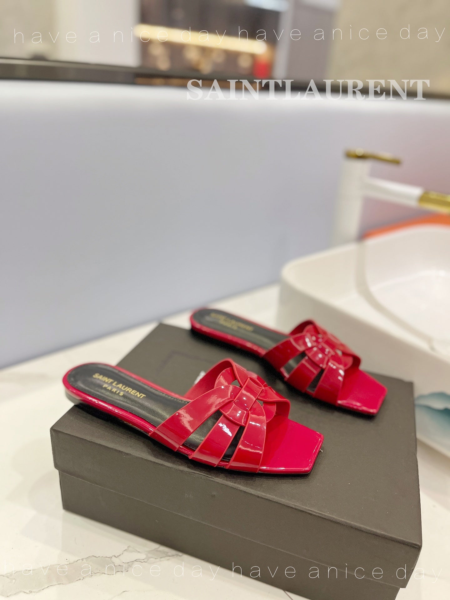 SL TRIBUTE SLIPPERS GLOSSY RED CALFSKIN - 34