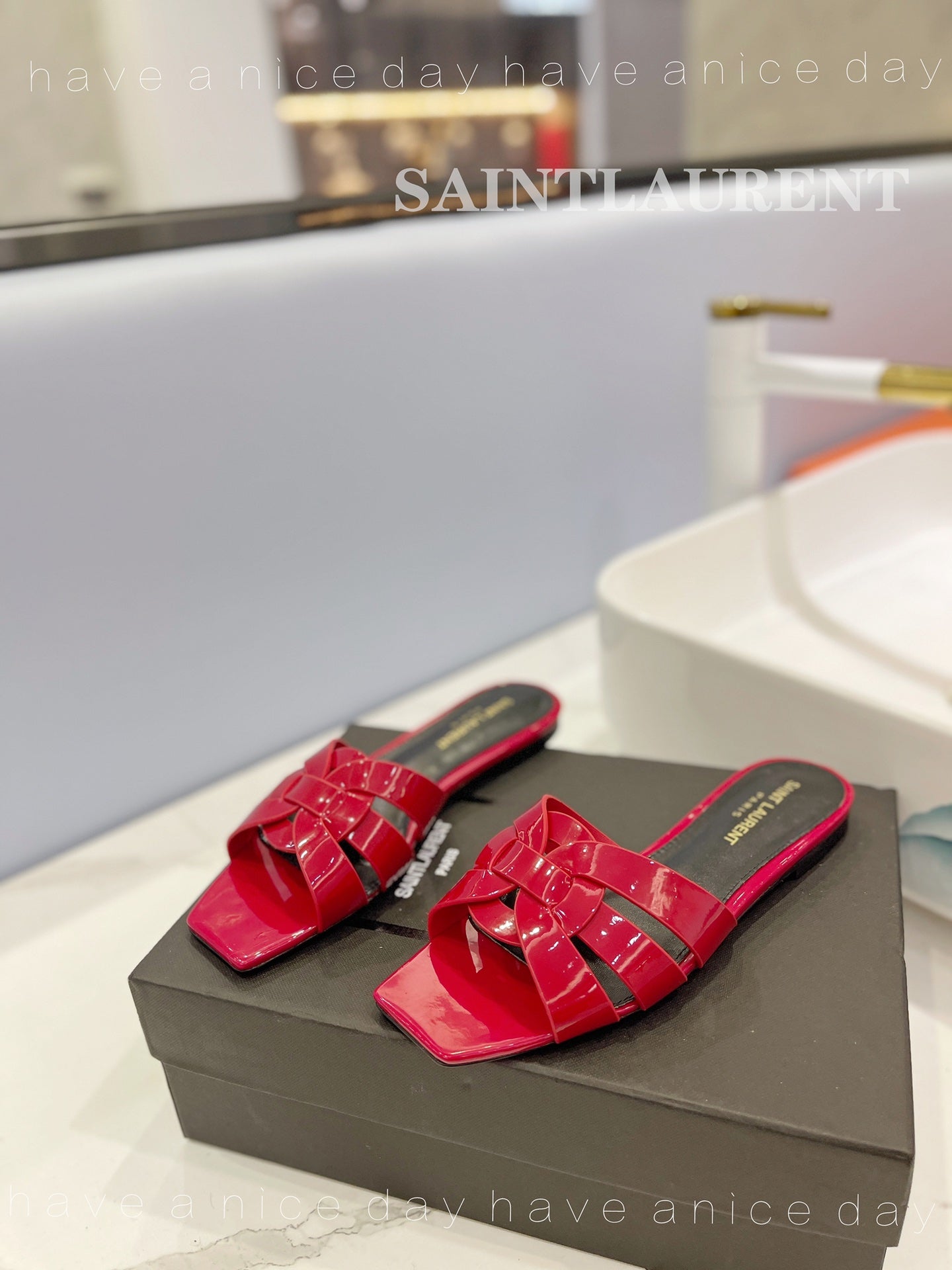 SL TRIBUTE SLIPPERS GLOSSY RED CALFSKIN - 34