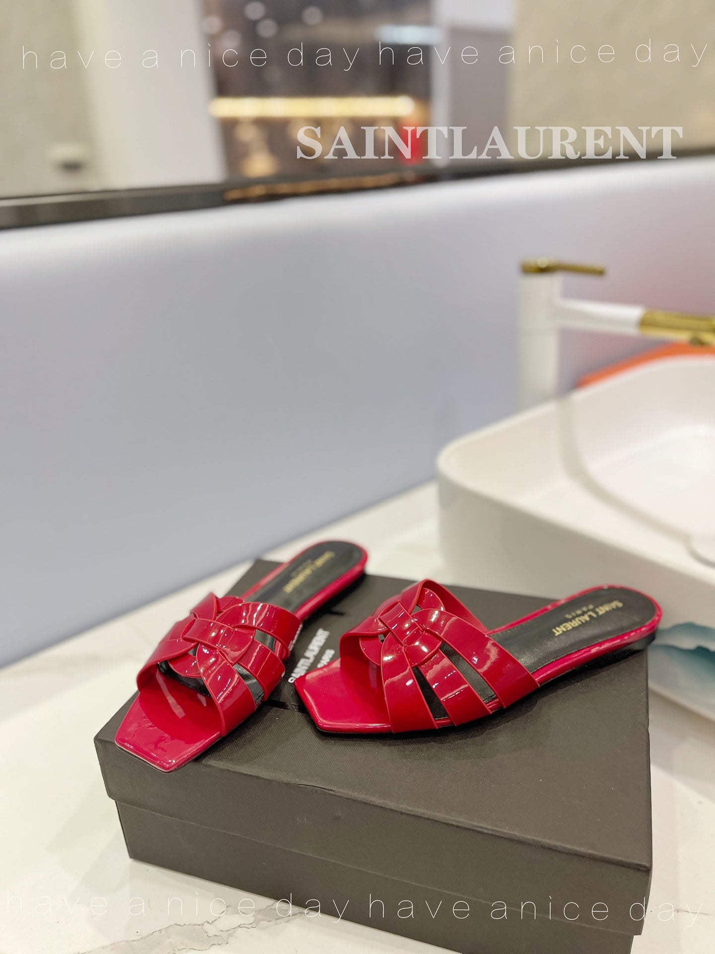 SL TRIBUTE SLIPPERS GLOSSY RED CALFSKIN - 34