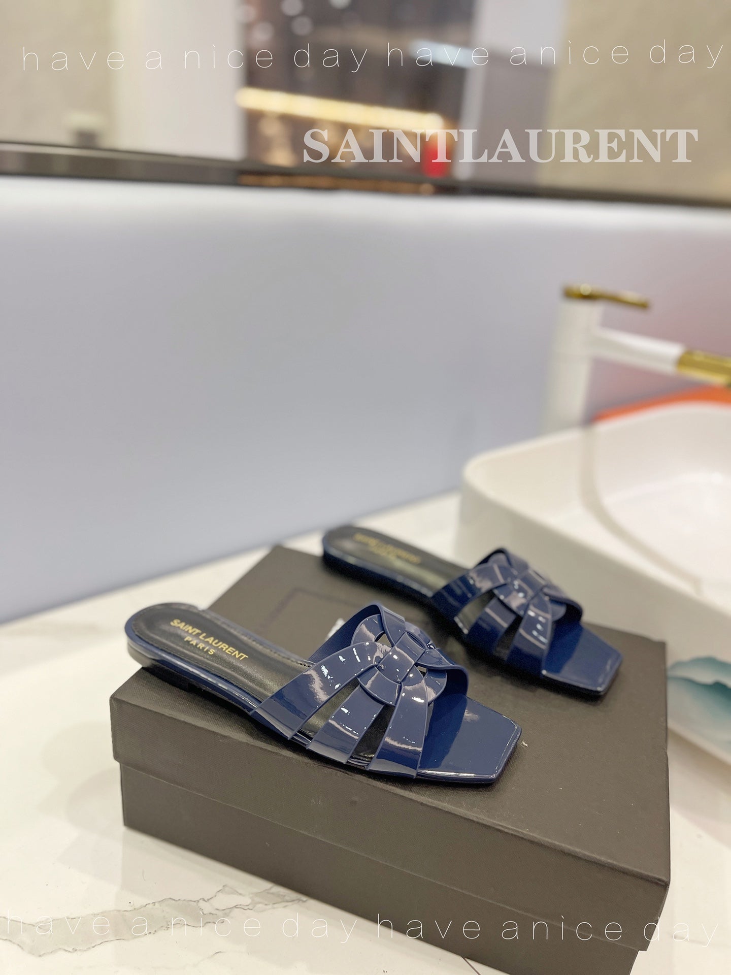 SL TRIBUTE SLIPPERS GLOSSY NAVY CALFSKIN - 34