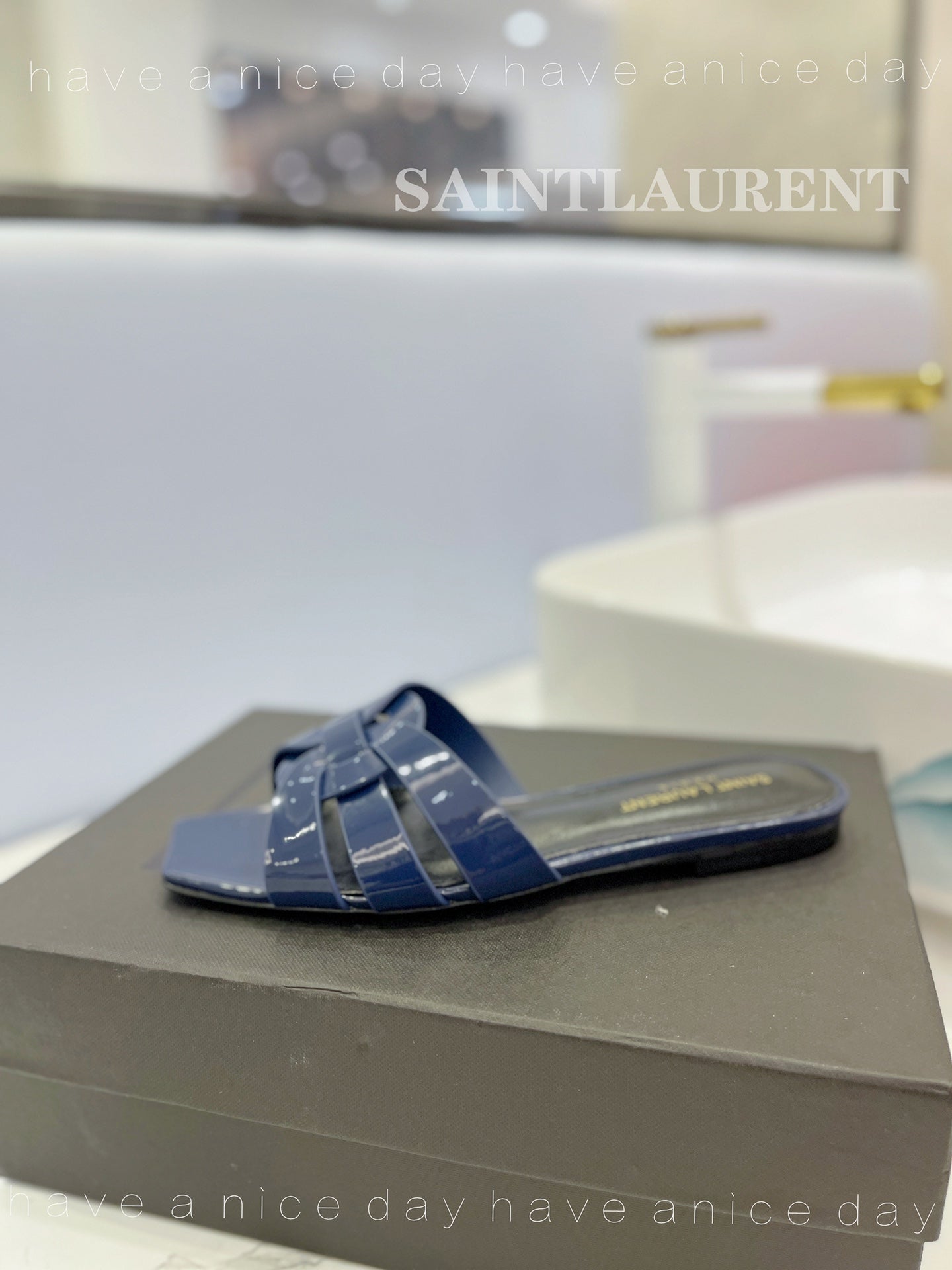 SL TRIBUTE SLIPPERS GLOSSY NAVY CALFSKIN - 34