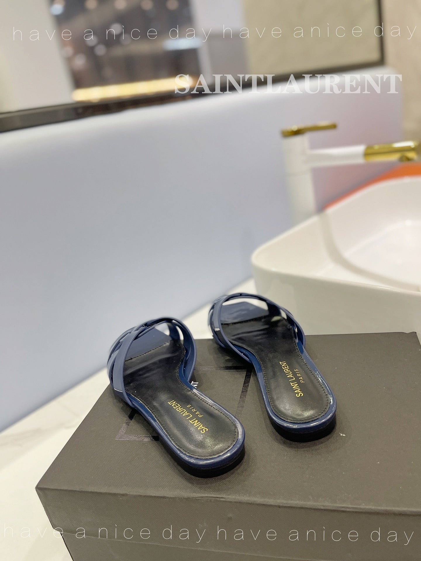 SL TRIBUTE SLIPPERS GLOSSY NAVY CALFSKIN - 34