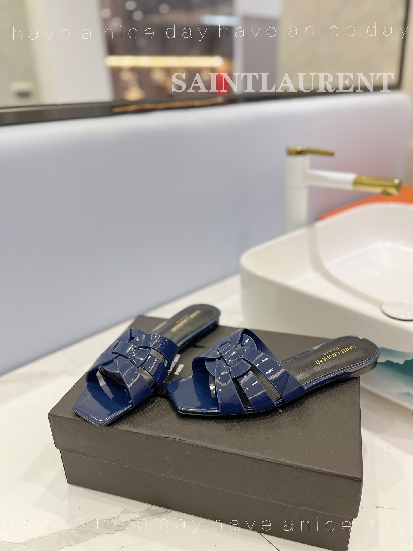 SL TRIBUTE SLIPPERS GLOSSY NAVY CALFSKIN - 34
