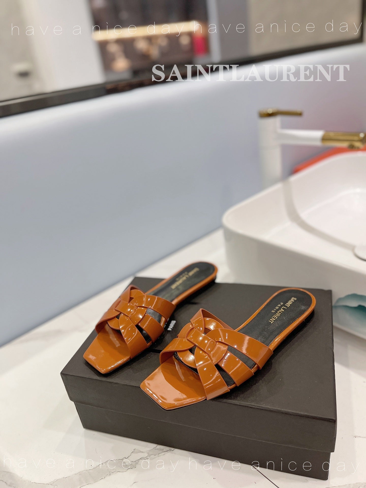 SL TRIBUTE SLIPPERS GLOSSY COPPER CALFSKIN - 34