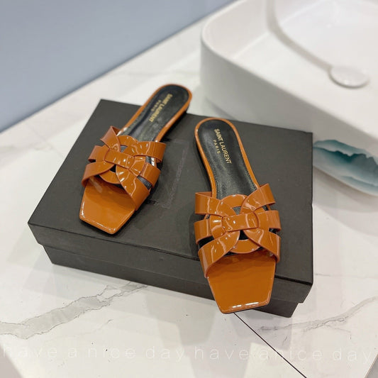 SL TRIBUTE SLIPPERS GLOSSY COPPER CALFSKIN - 34