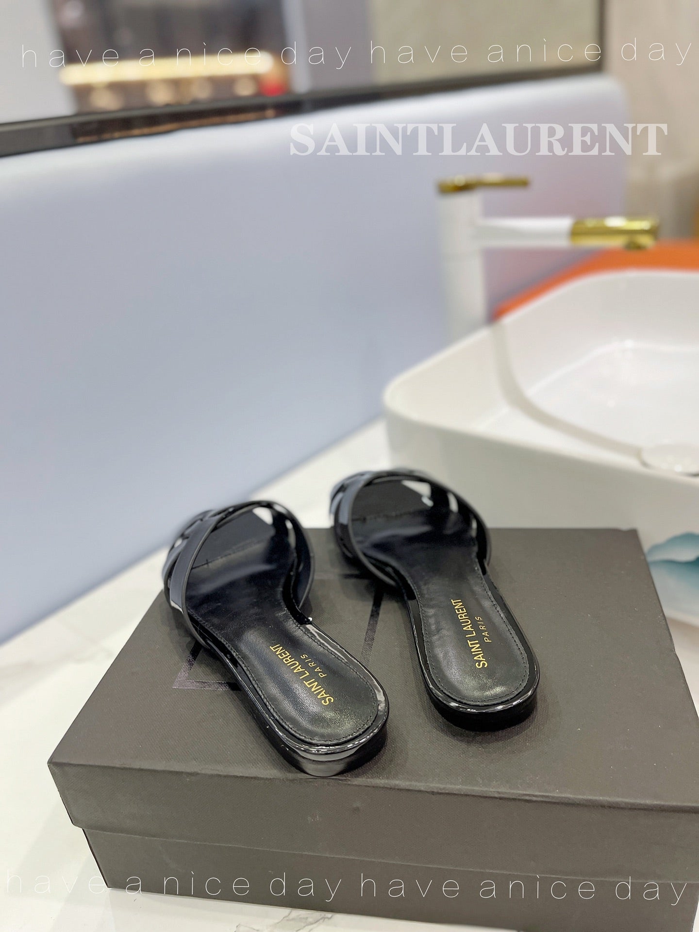 SL TRIBUTE SLIPPERS GLOSSY BLACK CALFSKIN - 34