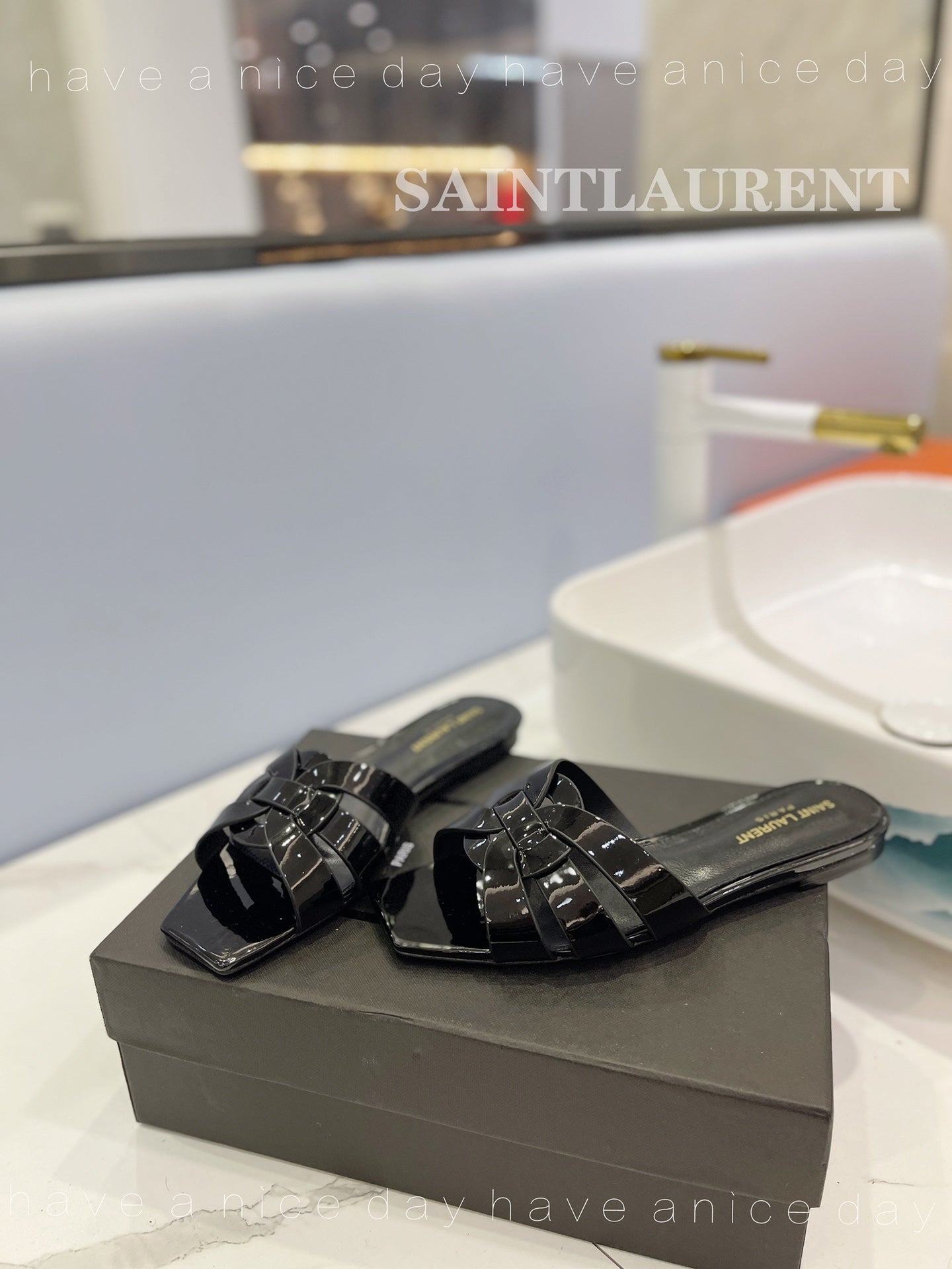 SL TRIBUTE SLIPPERS GLOSSY BLACK CALFSKIN - 34