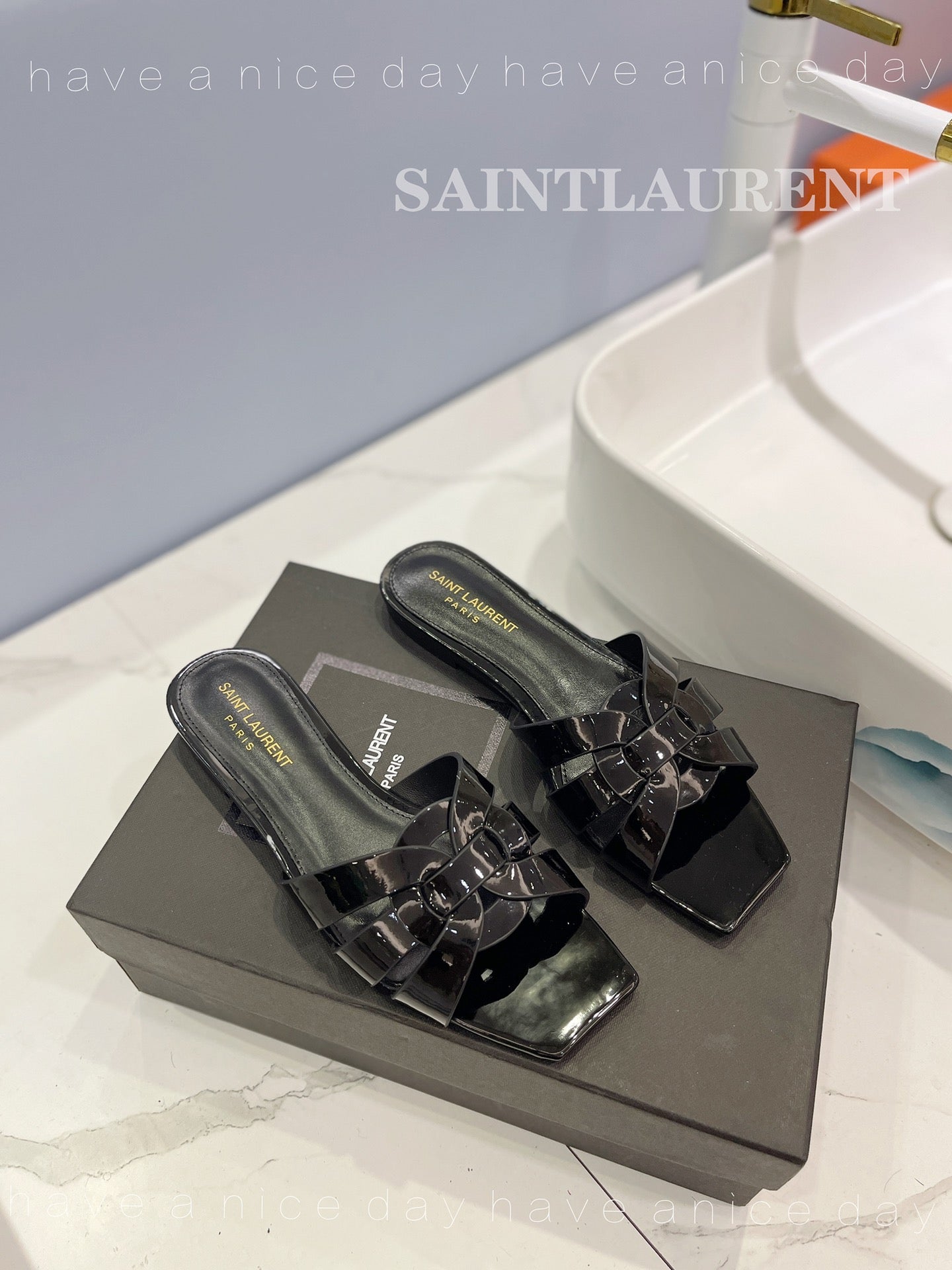 SL TRIBUTE SLIPPERS GLOSSY BLACK CALFSKIN - 34