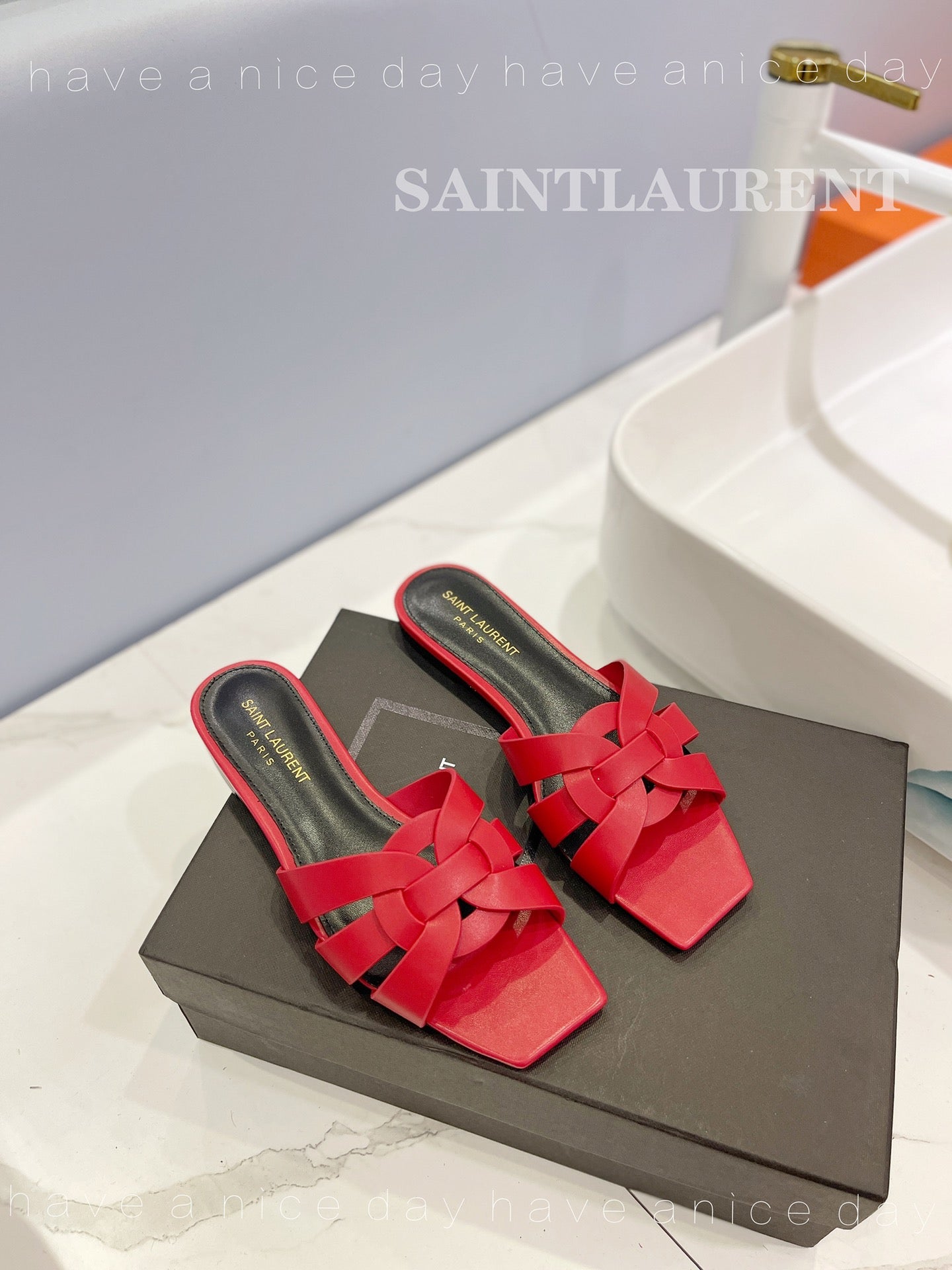 SL TRIBUTE SLIPPERS RED CALFSKIN - 34