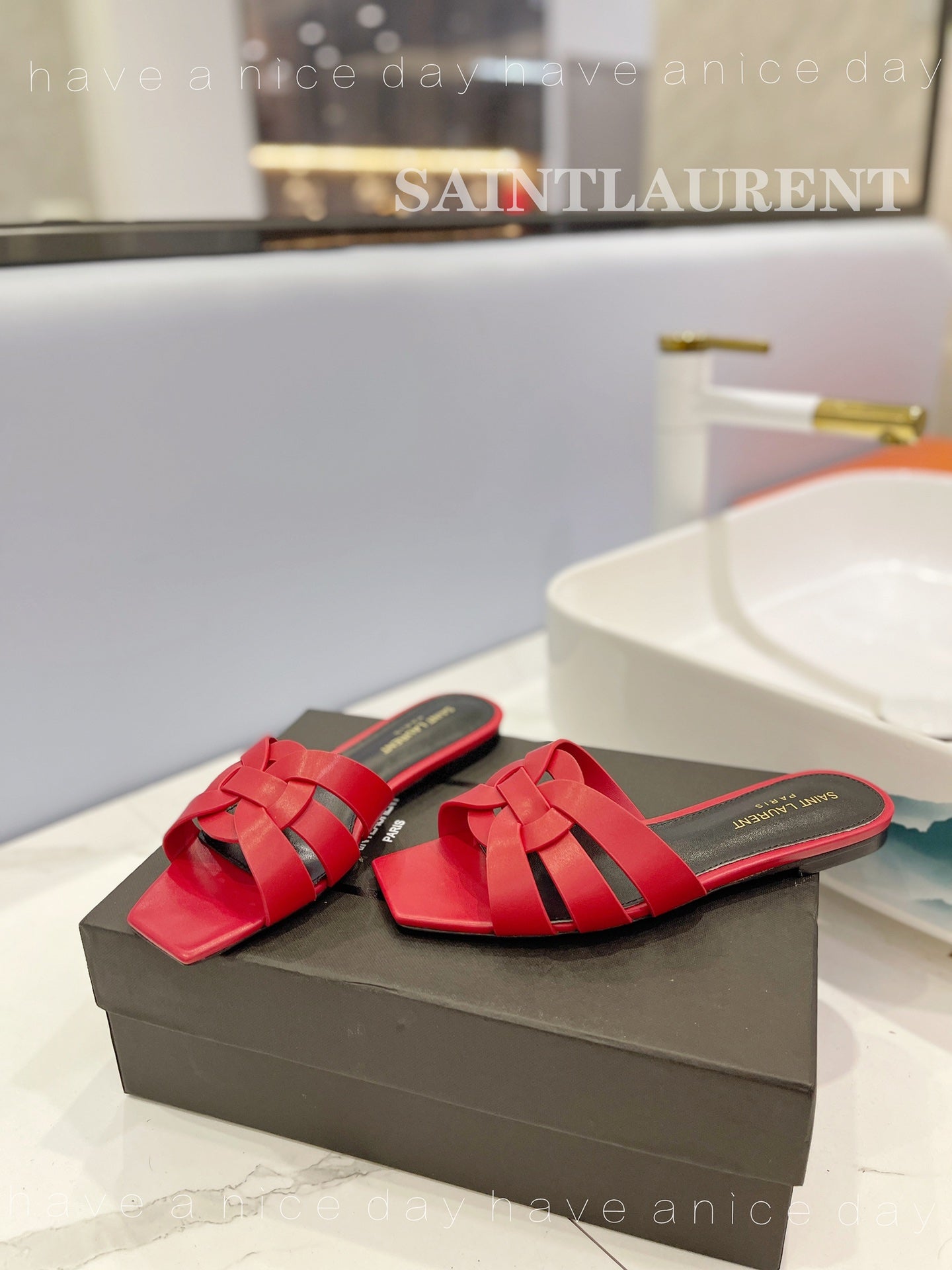 SL TRIBUTE SLIPPERS RED CALFSKIN - 34