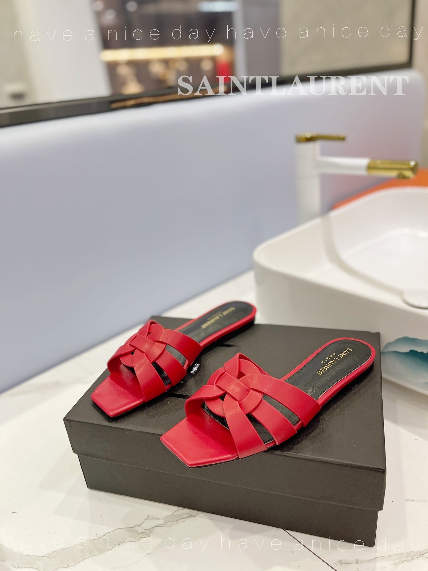 SL TRIBUTE SLIPPERS RED CALFSKIN - 34