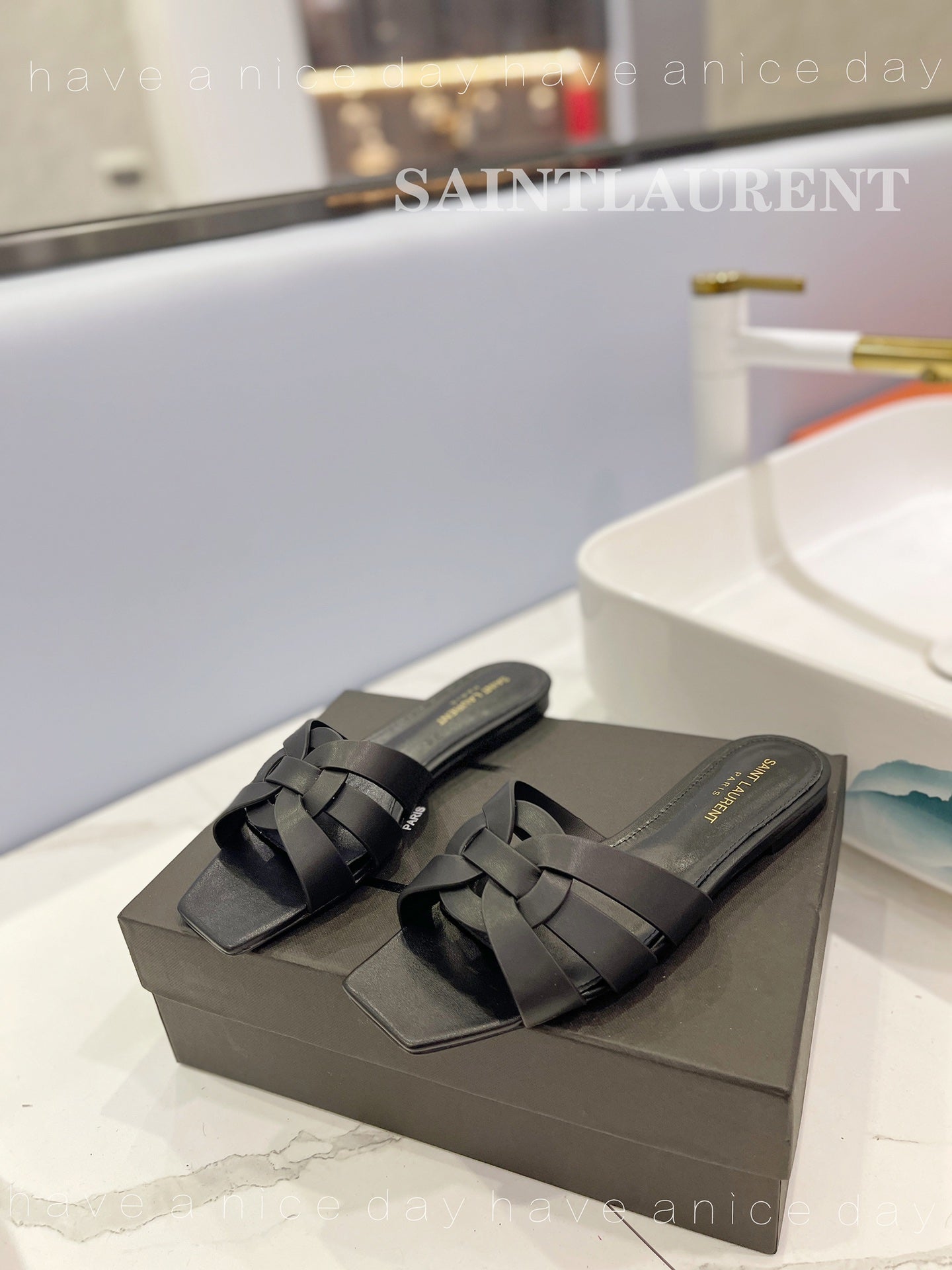 SL TRIBUTE SLIPPERS BLACK CALFSKIN - 34