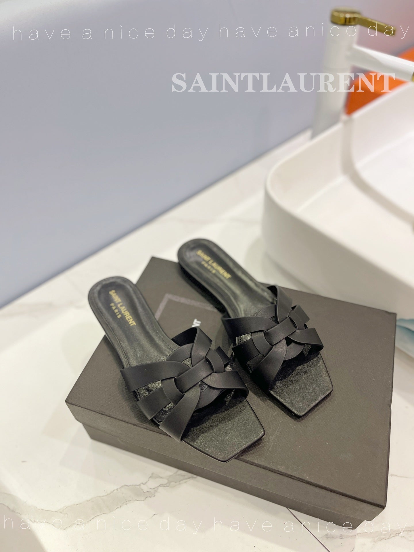 SL TRIBUTE SLIPPERS BLACK CALFSKIN - 34