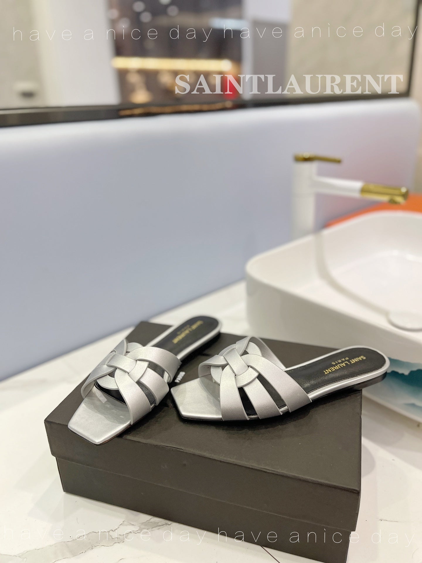 SL TRIBUTE SLIPPERS SILVER CALFSKIN - 34