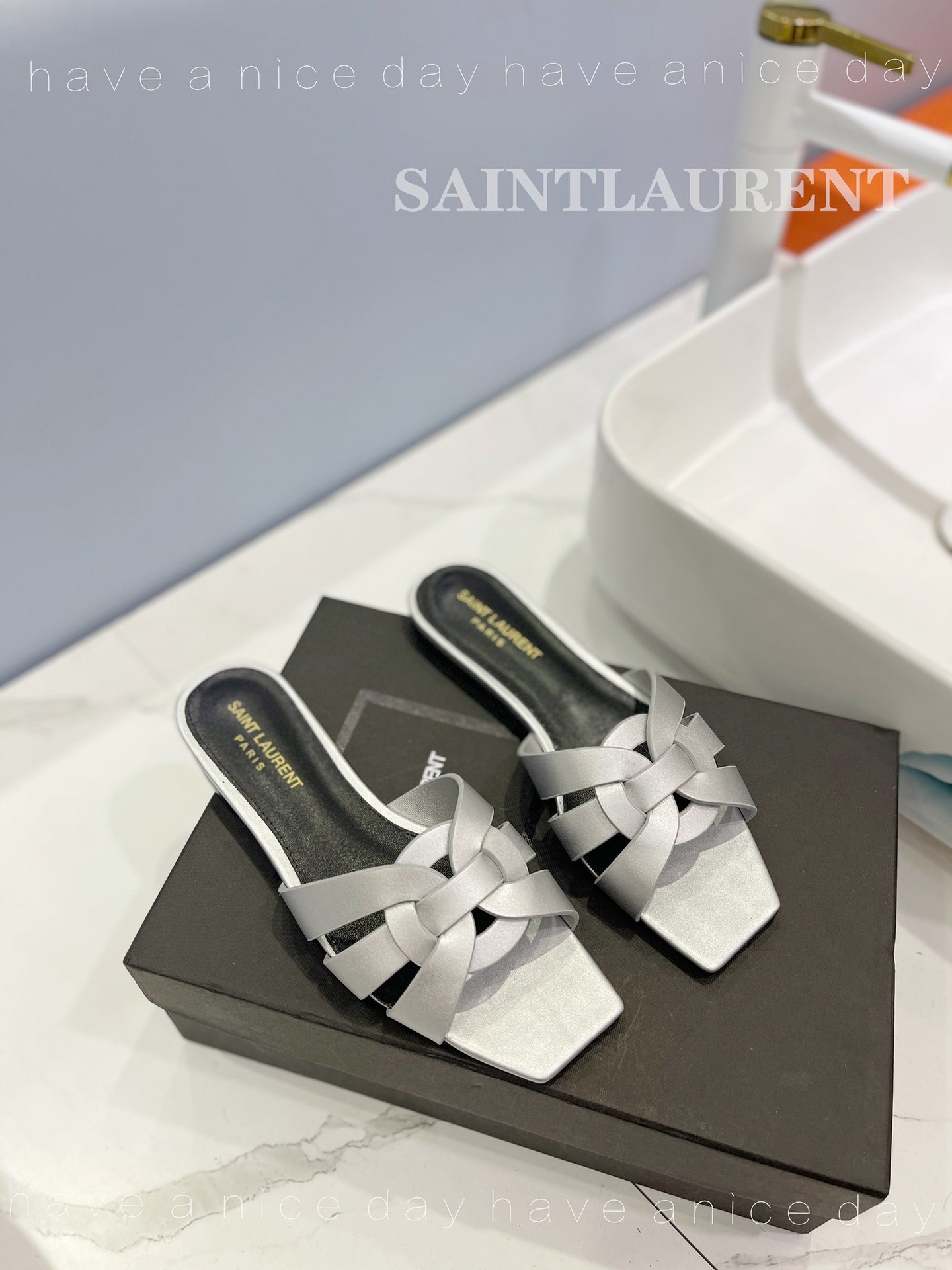 SL TRIBUTE SLIPPERS SILVER CALFSKIN - 34