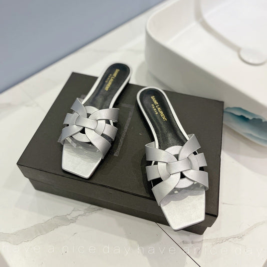 SL TRIBUTE SLIPPERS SILVER CALFSKIN - 34