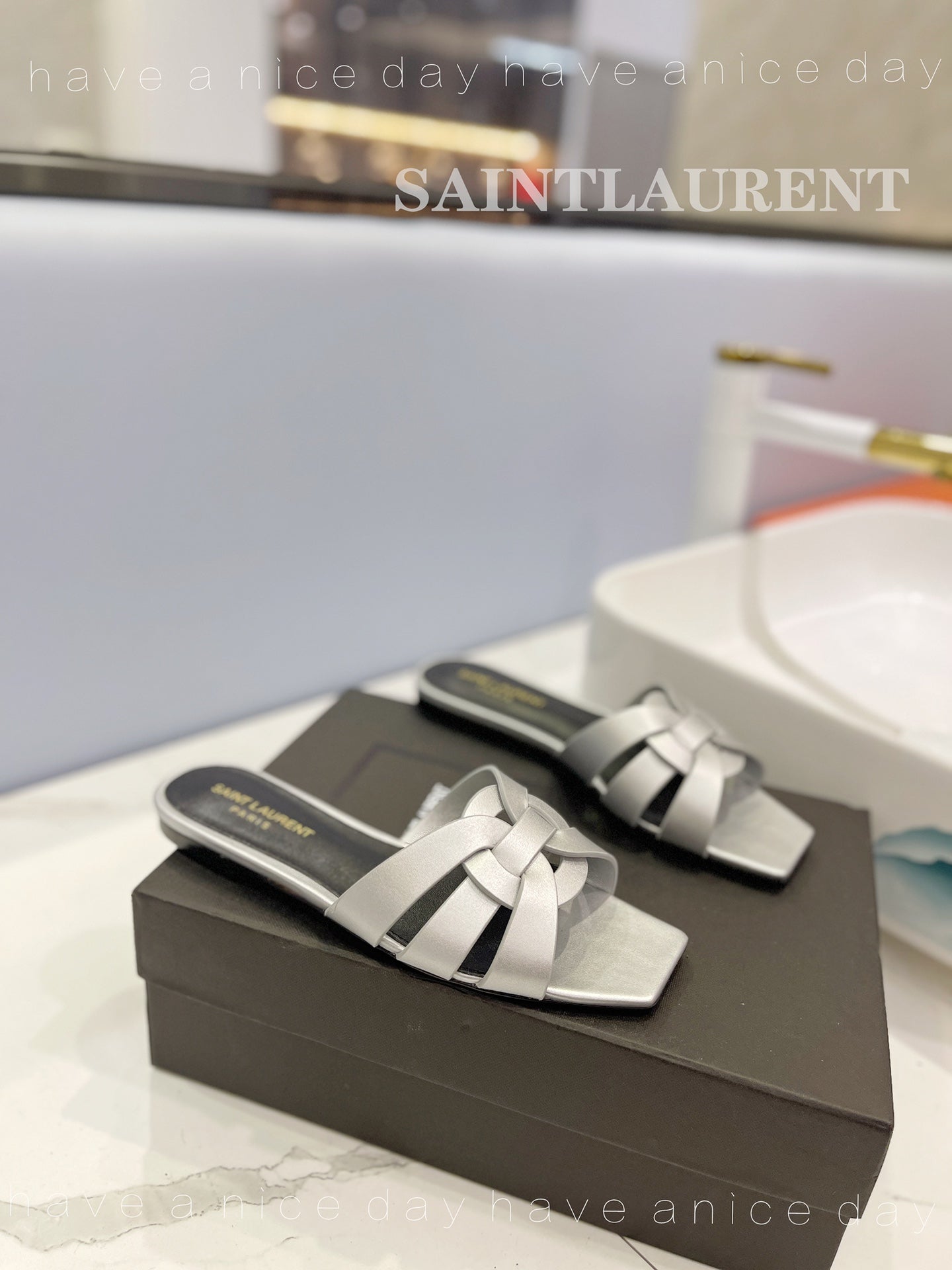 SL TRIBUTE SLIPPERS SILVER CALFSKIN - 34