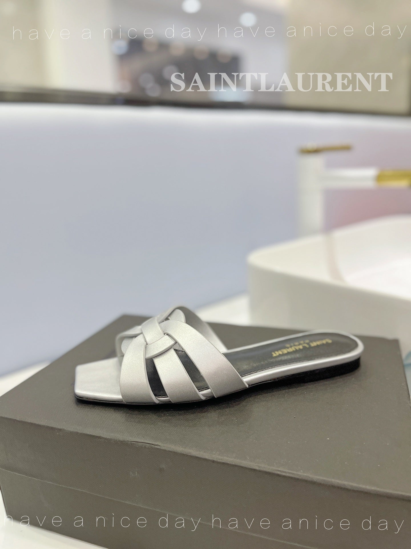 SL TRIBUTE SLIPPERS SILVER CALFSKIN - 34