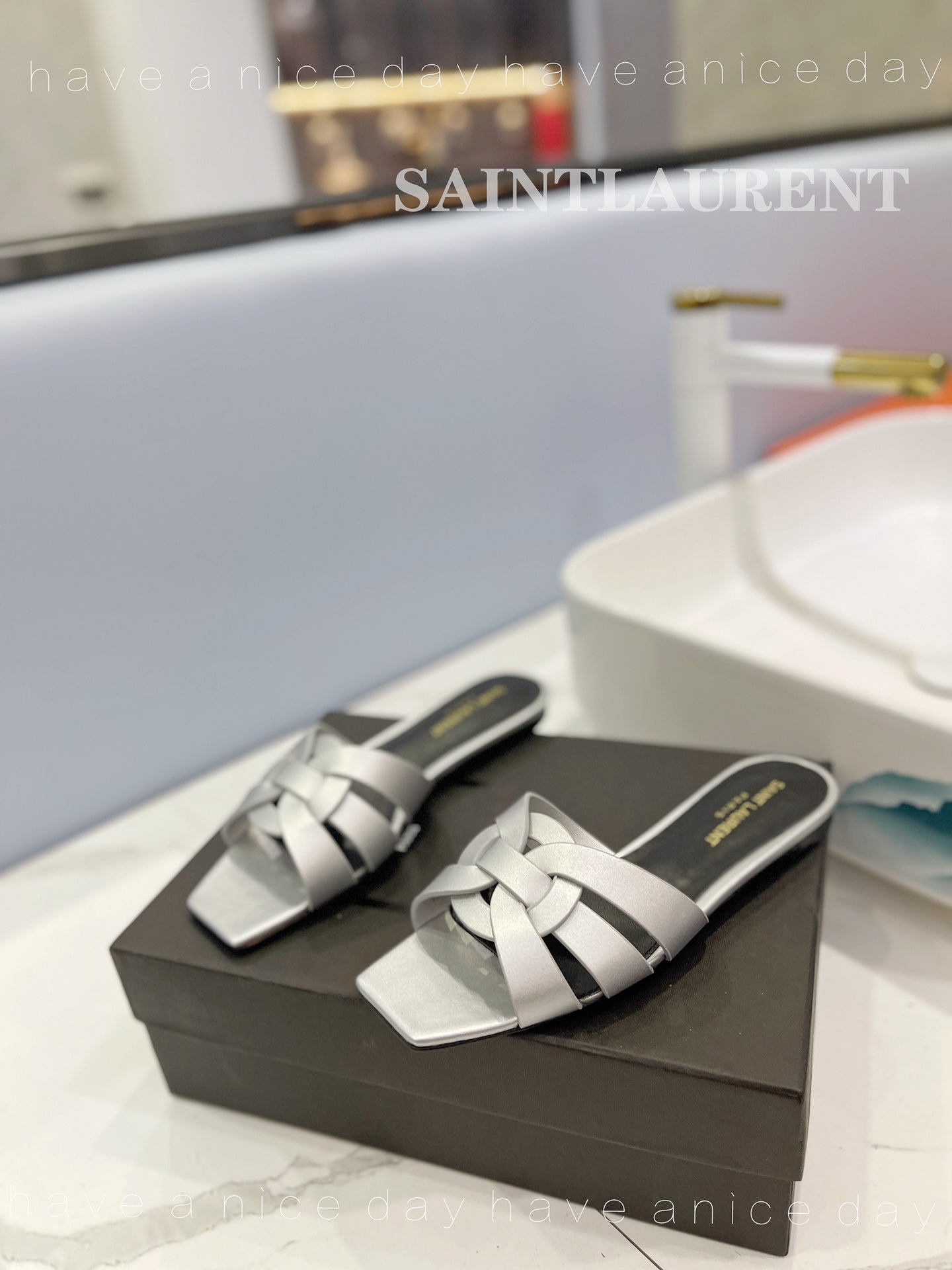 SL TRIBUTE SLIPPERS SILVER CALFSKIN - 34