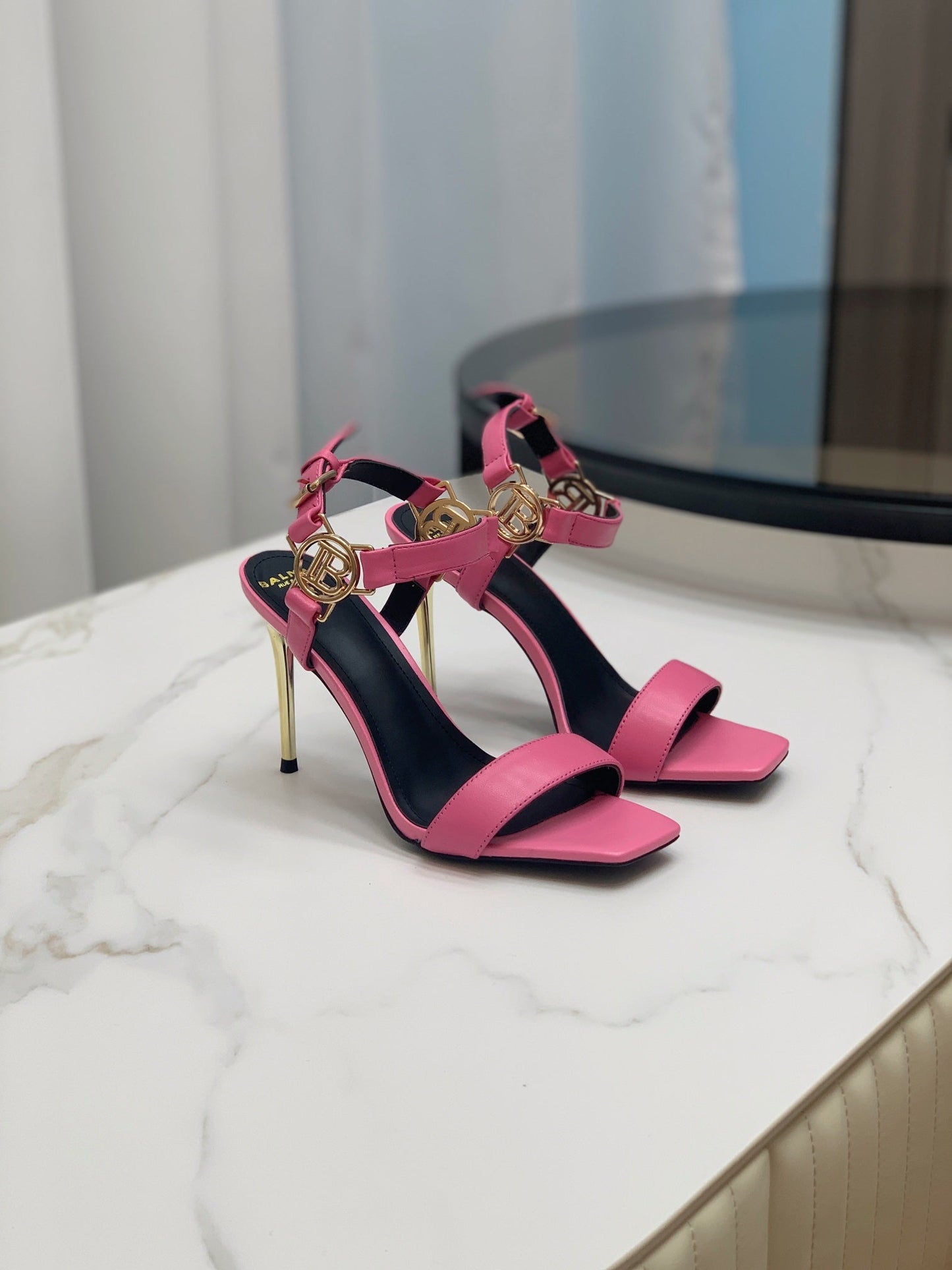 BALMAIN 25S HIGH HEELS WITH B METAL DETAIL 95MM IN PINK CALFSKIN - 35