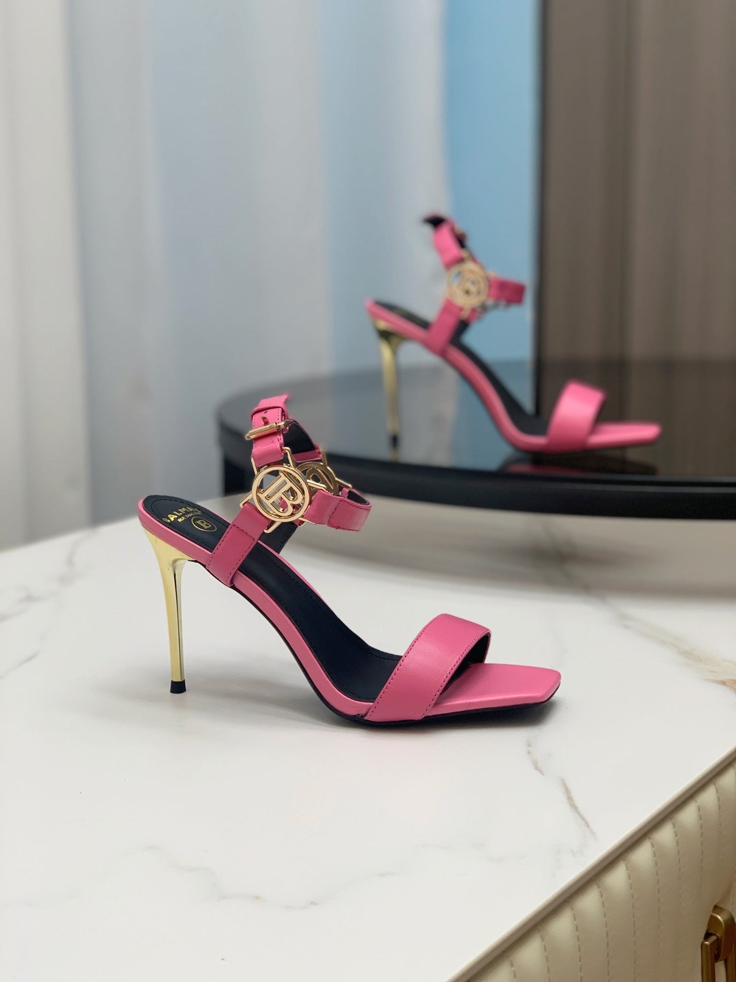 BALMAIN 25S HIGH HEELS WITH B METAL DETAIL 95MM IN PINK CALFSKIN - 35