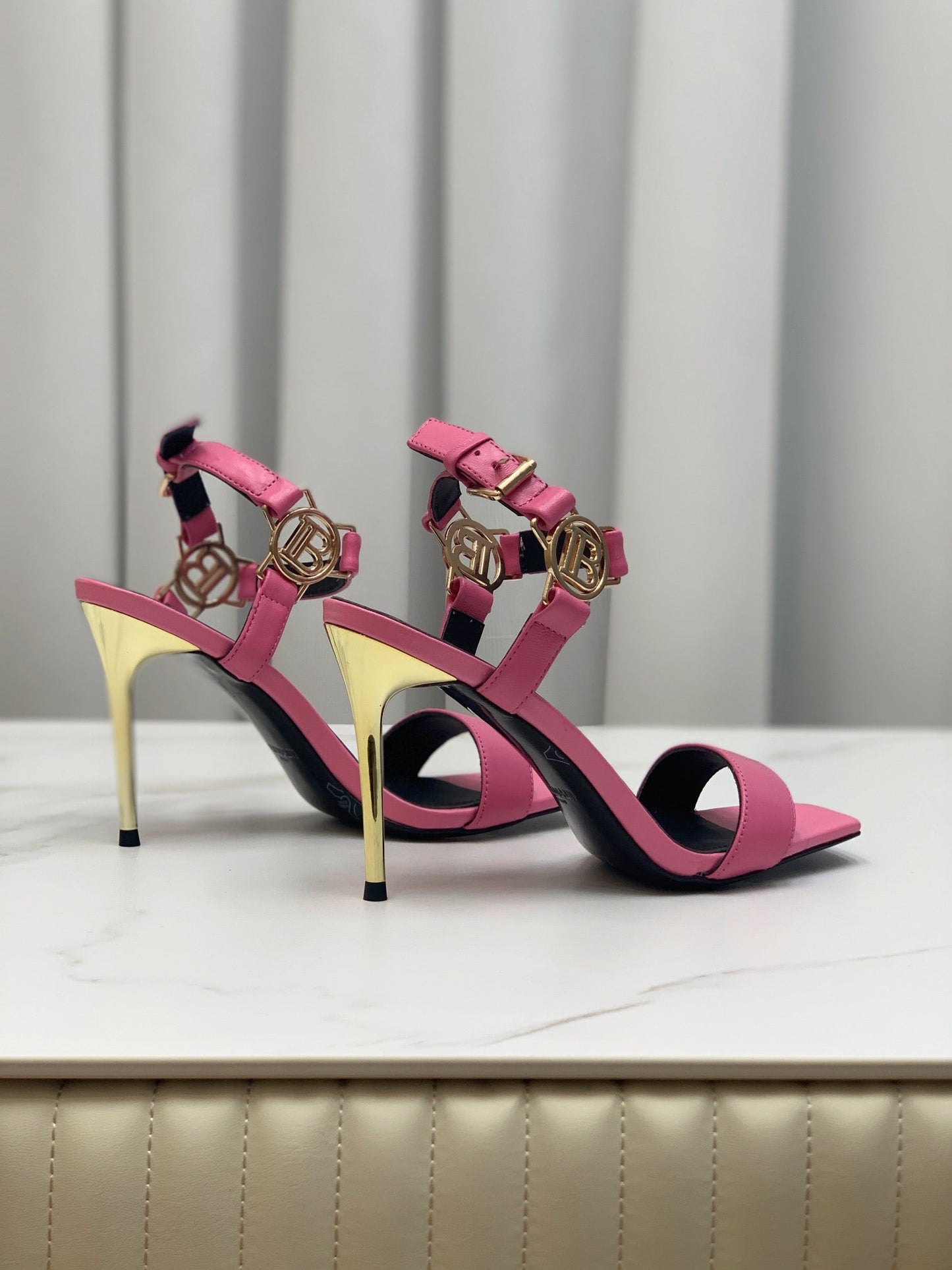 BALMAIN 25S HIGH HEELS WITH B METAL DETAIL 95MM IN PINK CALFSKIN - 35
