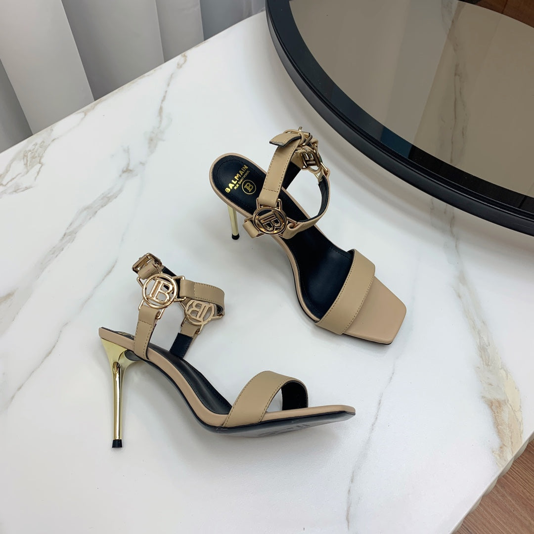 BALMAIN 25S HIGH HEELS WITH B METAL DETAIL 95MM IN LIGHT BROWN CALFSKIN - 35