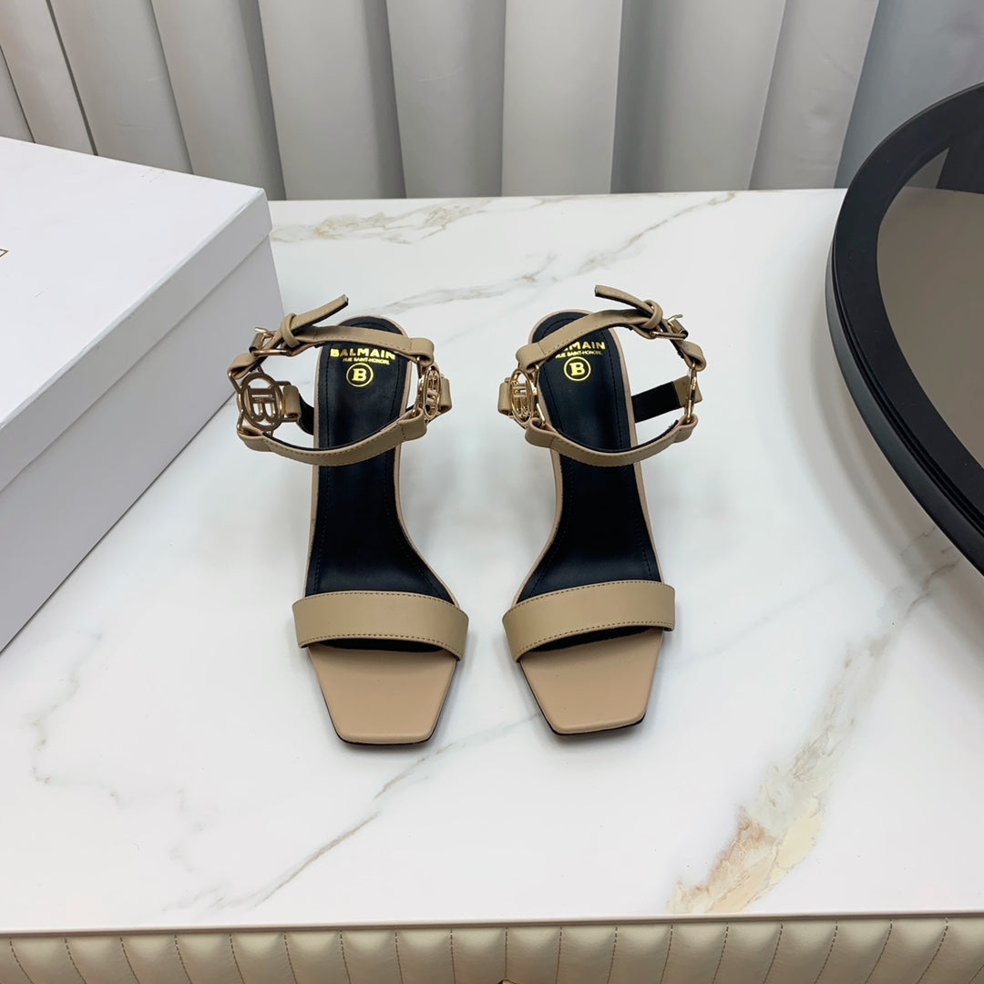 BALMAIN 25S HIGH HEELS WITH B METAL DETAIL 95MM IN LIGHT BROWN CALFSKIN - 35