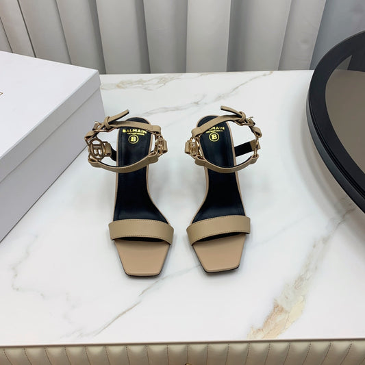 BALMAIN 25S HIGH HEELS WITH B METAL DETAIL 95MM IN LIGHT BROWN CALFSKIN - 35