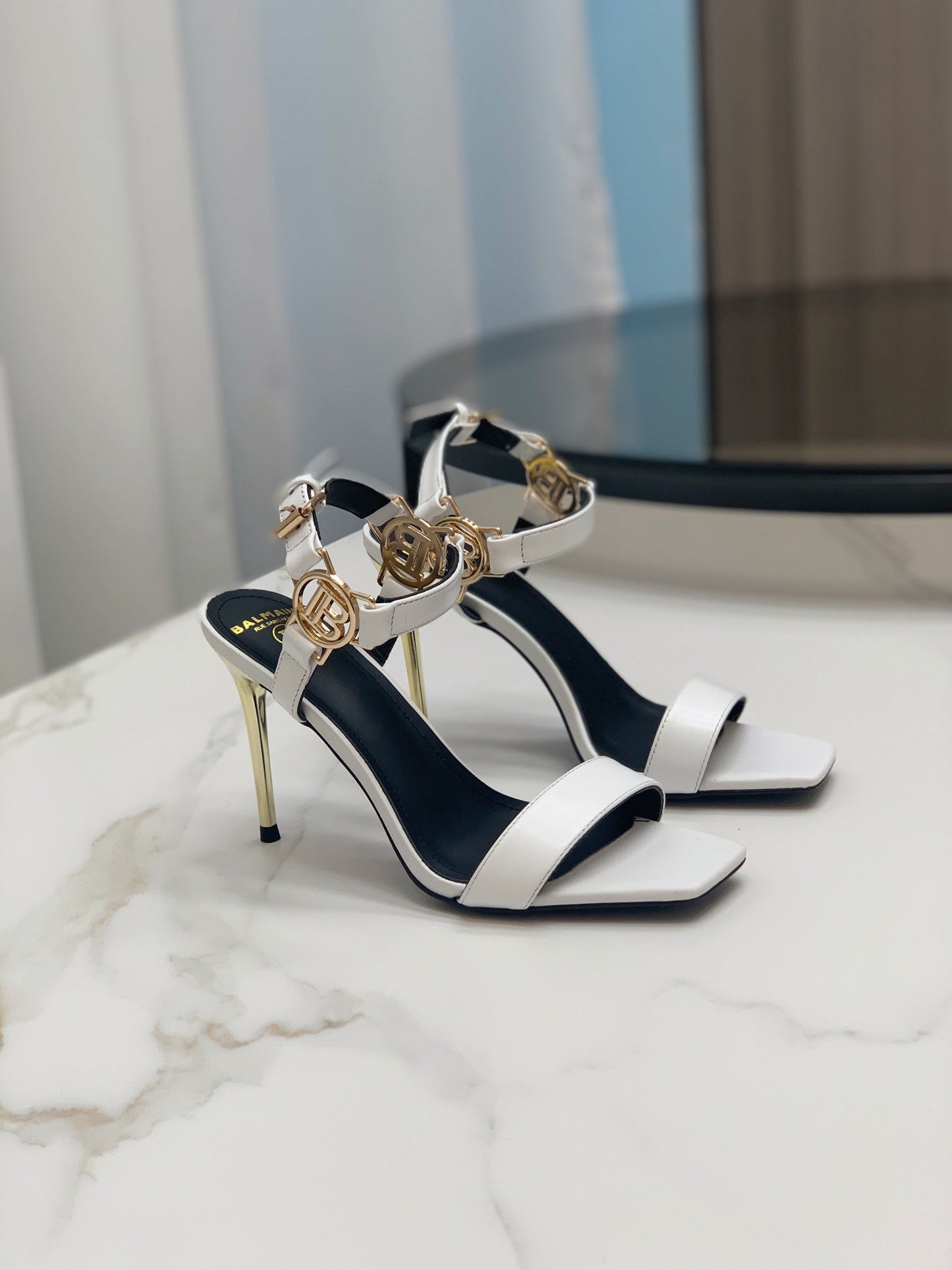 BALMAIN 25S HIGH HEELS WITH B METAL DETAIL 95MM IN LIGHT GRAY CALFSKIN - 35