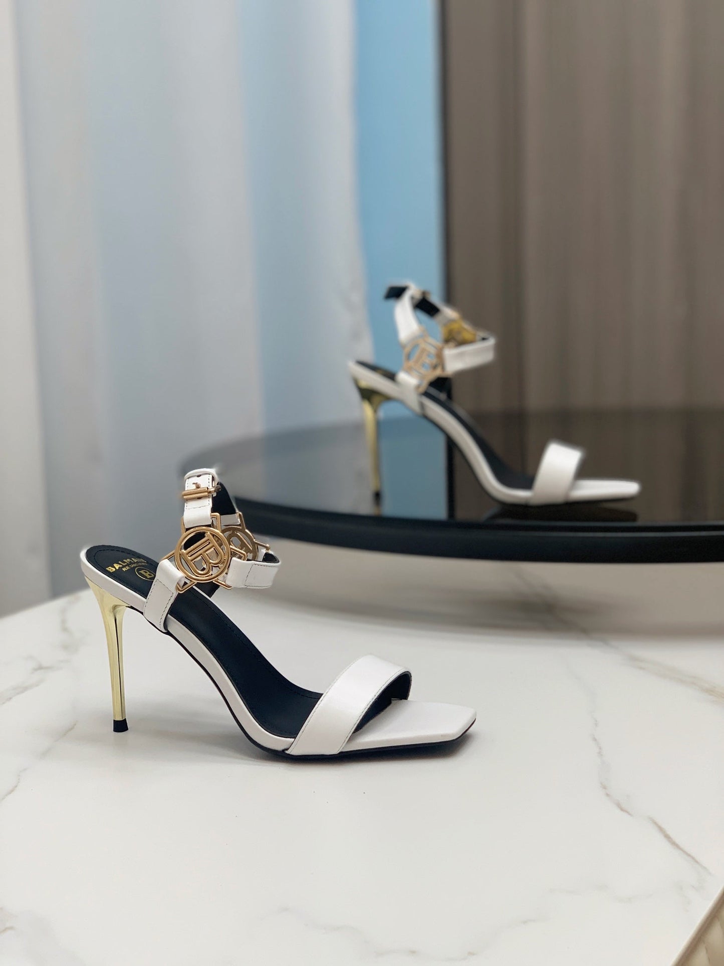 BALMAIN 25S HIGH HEELS WITH B METAL DETAIL 95MM IN LIGHT GRAY CALFSKIN - 35