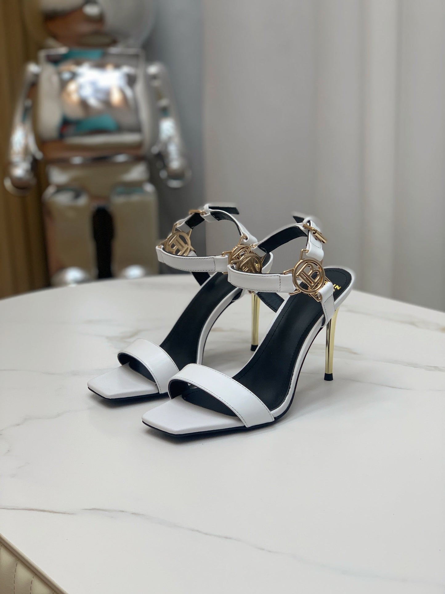BALMAIN 25S HIGH HEELS WITH B METAL DETAIL 95MM IN LIGHT GRAY CALFSKIN - 35