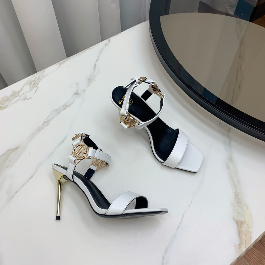 BALMAIN 25S HIGH HEELS WITH B METAL DETAIL 95MM IN LIGHT GRAY CALFSKIN - 35