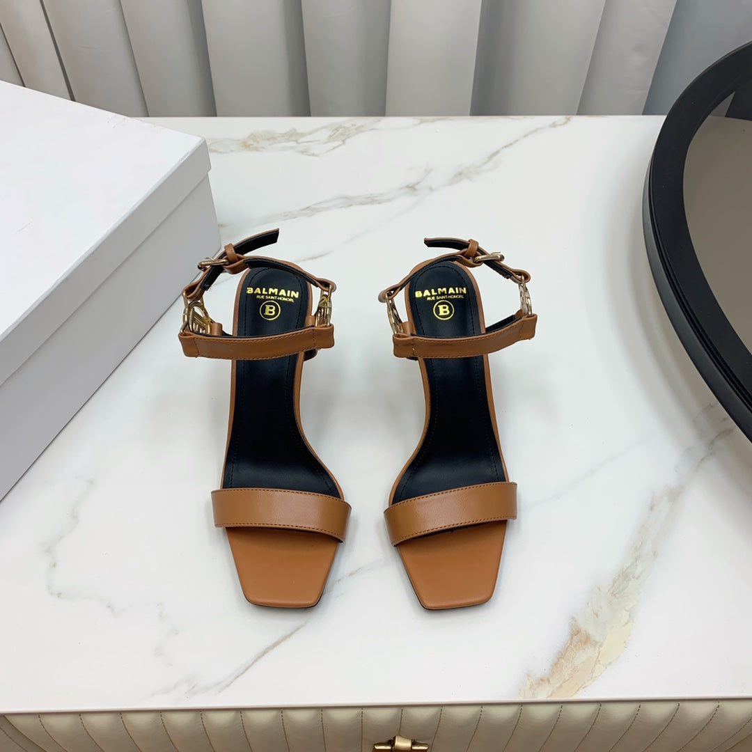 BALMAIN 25S HIGH HEELS WITH B METAL DETAIL 95MM IN CARAMEL CALFSKIN - 35