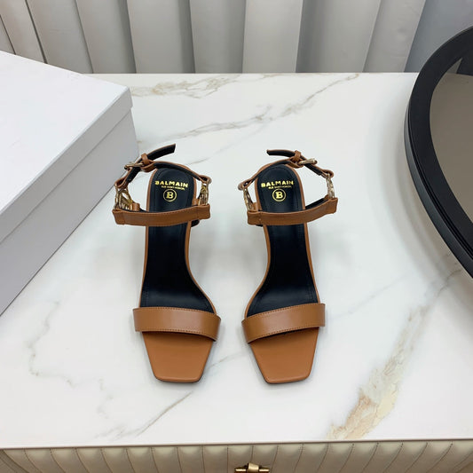 BALMAIN 25S HIGH HEELS WITH B METAL DETAIL 95MM IN CARAMEL CALFSKIN - 35