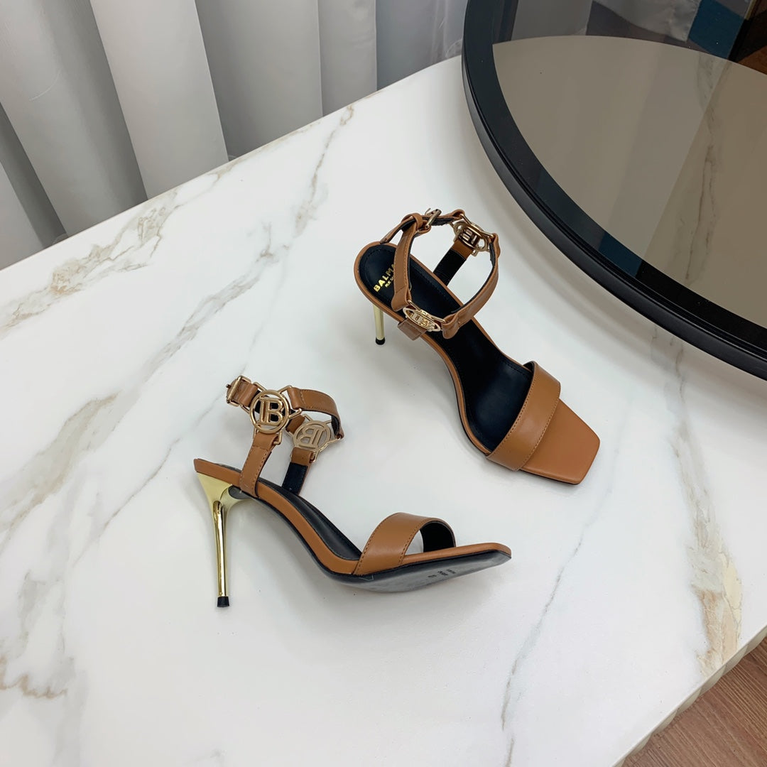 BALMAIN 25S HIGH HEELS WITH B METAL DETAIL 95MM IN CARAMEL CALFSKIN - 35