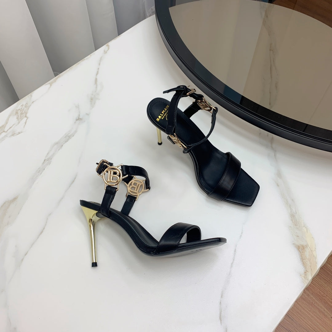 BALMAIN 25S HIGH HEELS WITH B METAL DETAIL 95MM IN BLACK CALFSKIN - 35