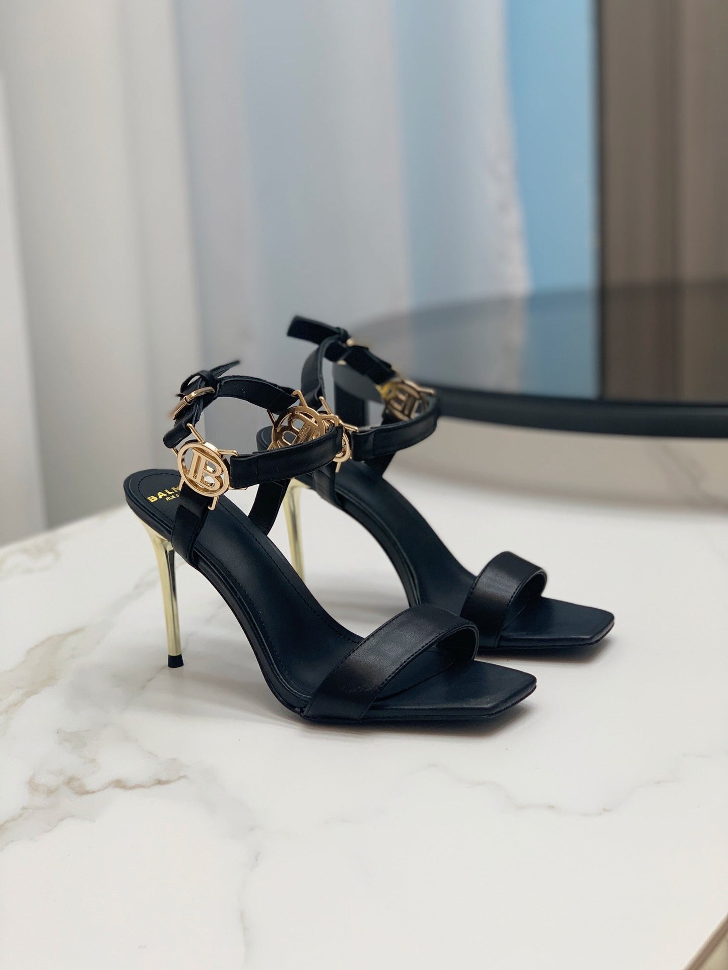 BALMAIN 25S HIGH HEELS WITH B METAL DETAIL 95MM IN BLACK CALFSKIN - 35