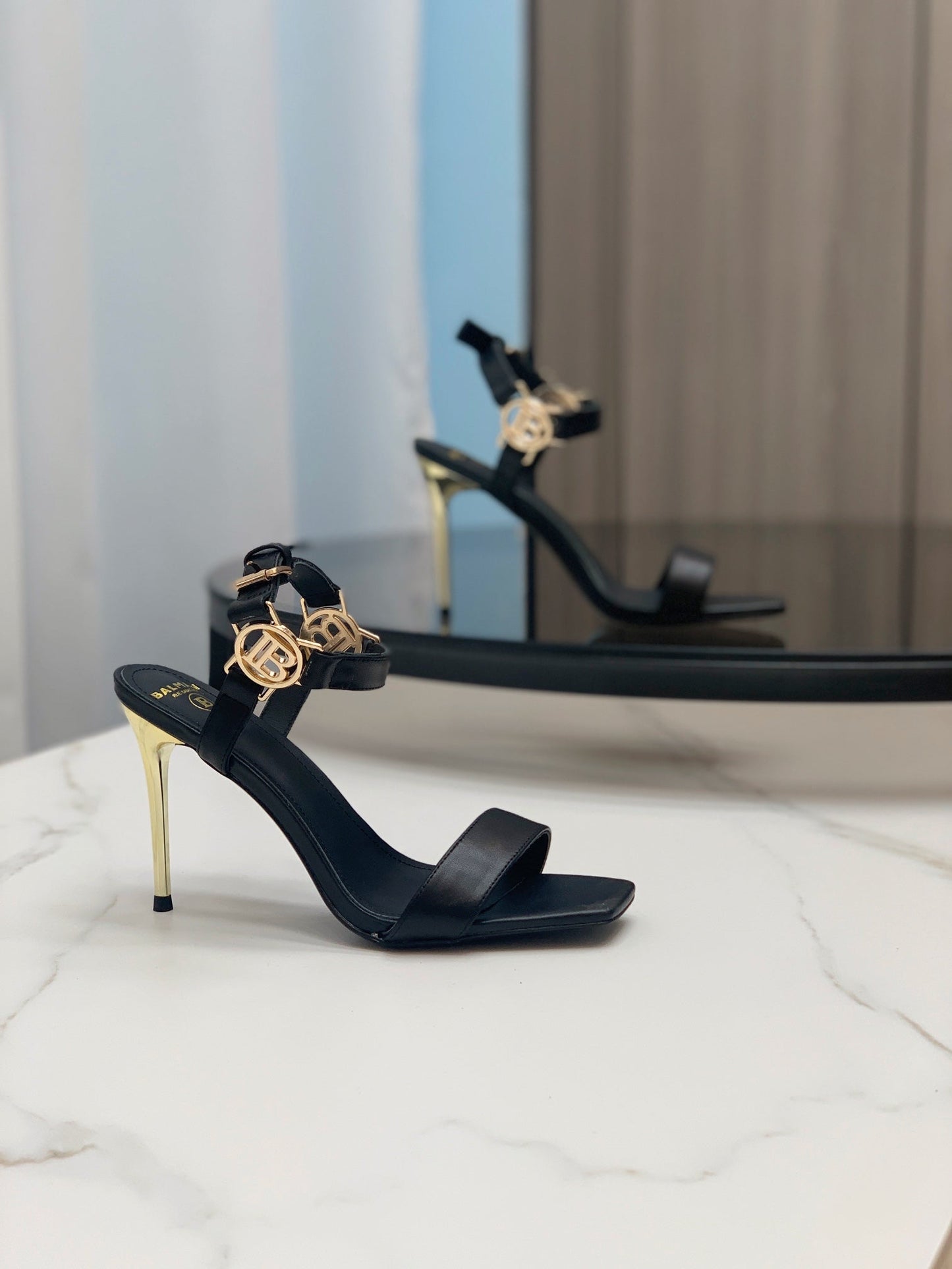 BALMAIN 25S HIGH HEELS WITH B METAL DETAIL 95MM IN BLACK CALFSKIN - 35