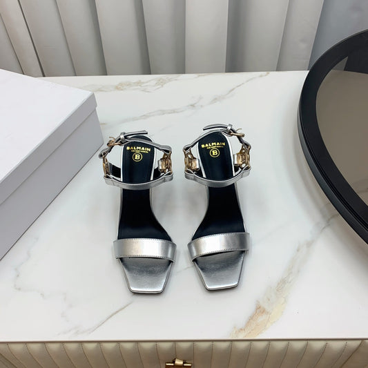 BALMAIN 25S HIGH HEELS WITH B METAL DETAIL 95MM IN SILVER CALFSKIN - 35