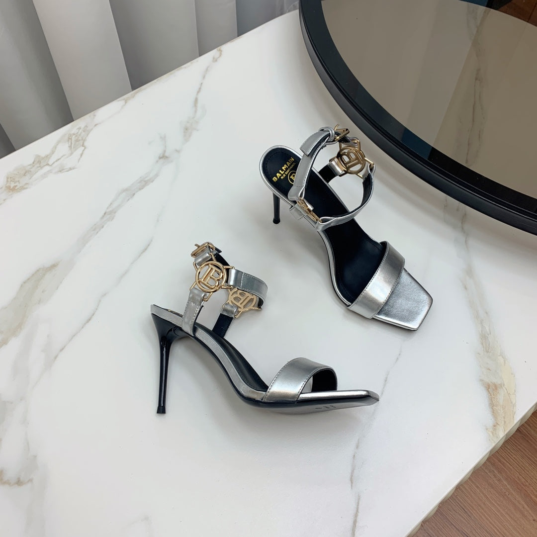 BALMAIN 25S HIGH HEELS WITH B METAL DETAIL 95MM IN SILVER CALFSKIN - 35