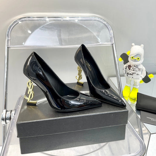 SL OPYUM BASIC HIGH HEEL BLACK CALFSKIN-GOLD HEEL - 35