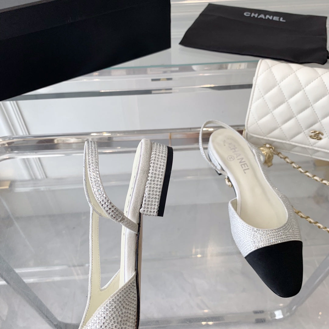Double CC Rhinestone Slingback Sheepskin White Black - 35